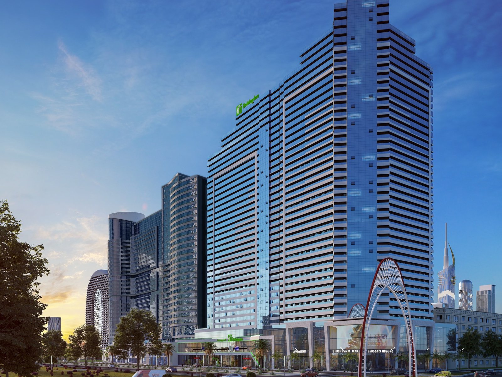 ЖК Blue Sky Tower в Батуми — главный рендер фасада с отелем Holiday Inn на Новом Бульваре